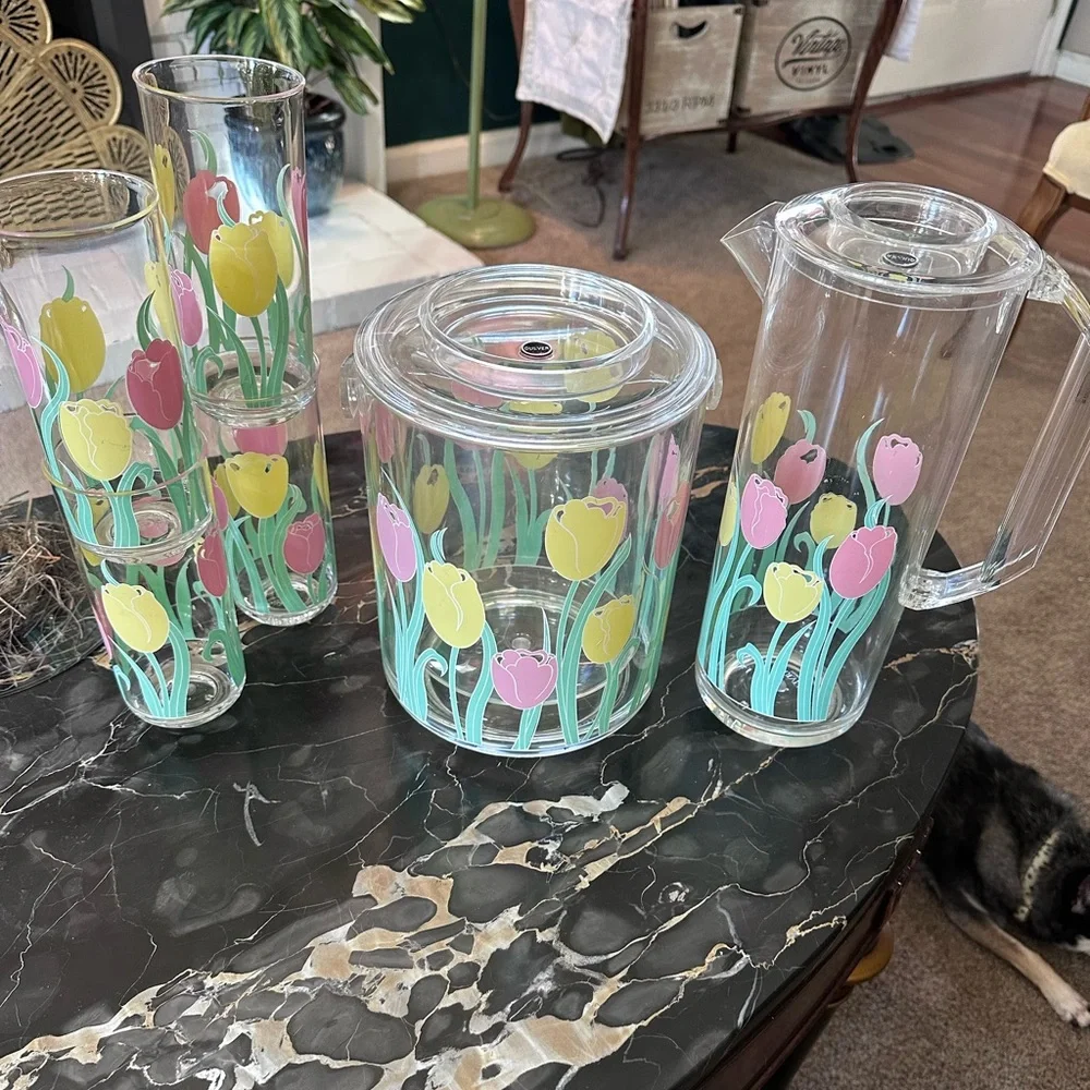 Vintage Culver Acrylic Spring Tulips 🌷 Patio Set Tumblers Ice Bucket Pitcher